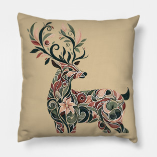 Red Deer Botanical Nature Art Illustration3 Pillow