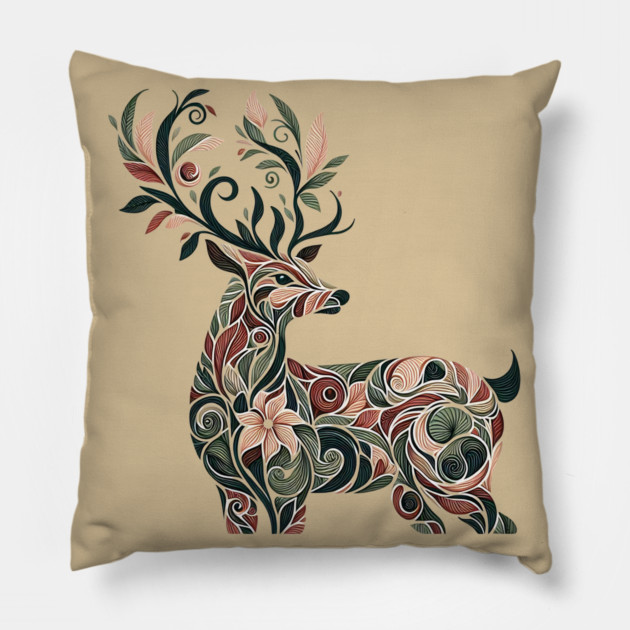 Red Deer Botanical Nature Art Illustration3 Pillow by BirdsnStuff