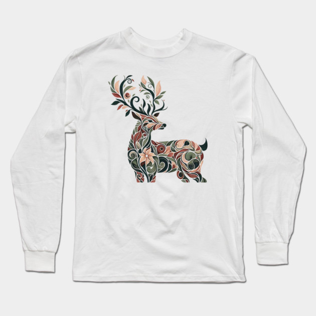 Red Deer Botanical Nature Art Illustration3 Long Sleeve T-Shirt by BirdsnStuff