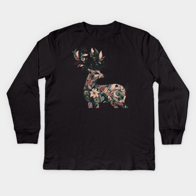 Red Deer Botanical Nature Art Illustration3 Kids Long Sleeve T-Shirt by BirdsnStuff