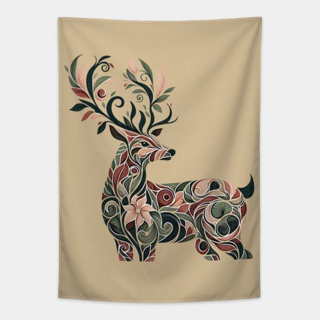 Red Deer Botanical Nature Art Illustration3 Tapestry by BirdsnStuff