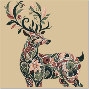 Red Deer Botanical Nature Art Illustration3 Posters and Art