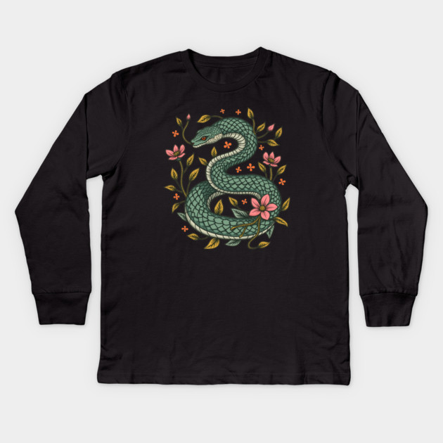 Botanical Serpent Nature Inspired Design Kids Long Sleeve T-Shirt by BirdsnStuff