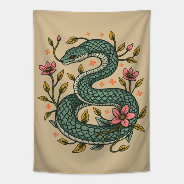 Botanical Serpent Nature Inspired Design Tapestry by BirdsnStuff