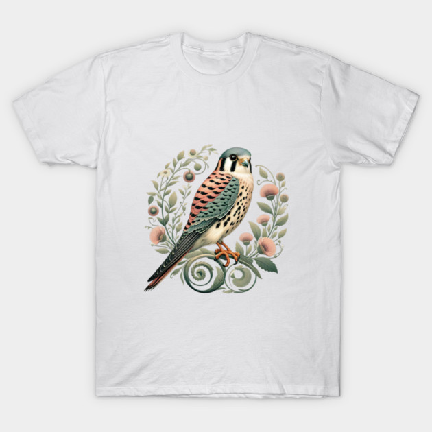American Kestrel Botanical Nature Art Illustration T-Shirt by BirdsnStuff