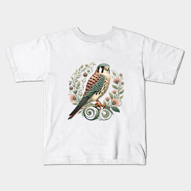 American Kestrel Botanical Nature Art Illustration Kids T-Shirt by BirdsnStuff