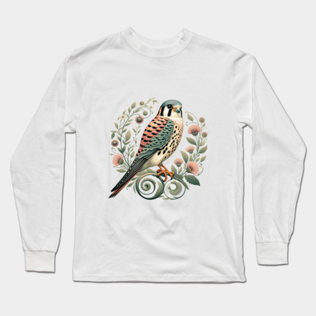 American Kestrel Botanical Nature Art Illustration Long Sleeve T-Shirt by BirdsnStuff