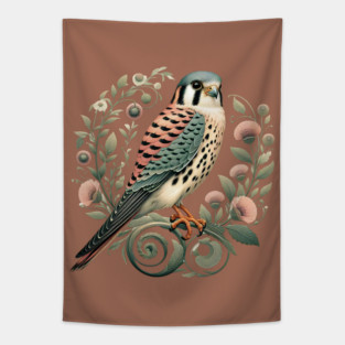 American Kestrel Botanical Nature Art Illustration Tapestry