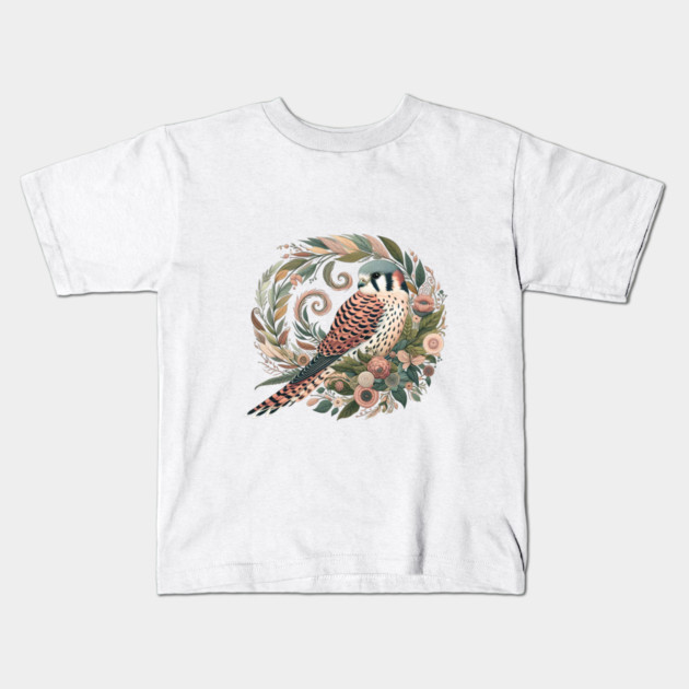 American Kestrel Botanical Nature Art Illustration2 Kids T-Shirt by BirdsnStuff
