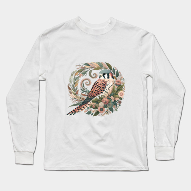 American Kestrel Botanical Nature Art Illustration2 Long Sleeve T-Shirt by BirdsnStuff