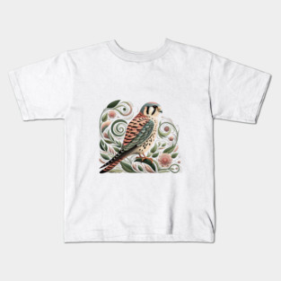 American Kestrel Botanical Nature Art Illustration3 Kids T-Shirt