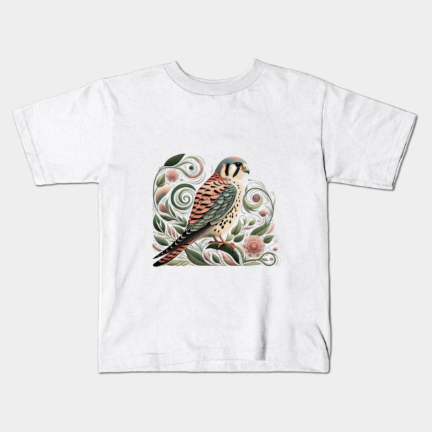 American Kestrel Botanical Nature Art Illustration3 Kids T-Shirt by BirdsnStuff