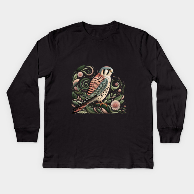 American Kestrel Botanical Nature Art Illustration3 Kids Long Sleeve T-Shirt by BirdsnStuff