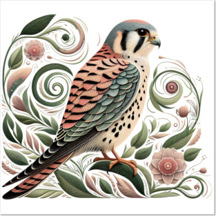American Kestrel Botanical Nature Art Illustration3 Posters and Art