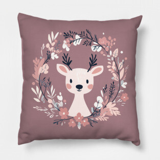 Boho Kawaii Reindeer – Whimsical Winter Animal Art Pillow