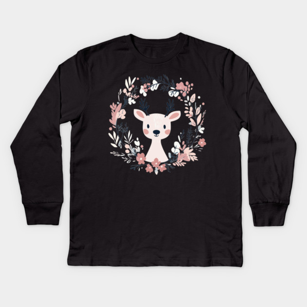 Boho Kawaii Reindeer – Whimsical Winter Animal Art Kids Long Sleeve T-Shirt by TuncGK