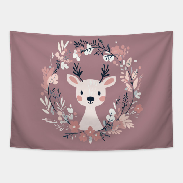 Boho Kawaii Reindeer – Whimsical Winter Animal Art Tapestry by TuncGK