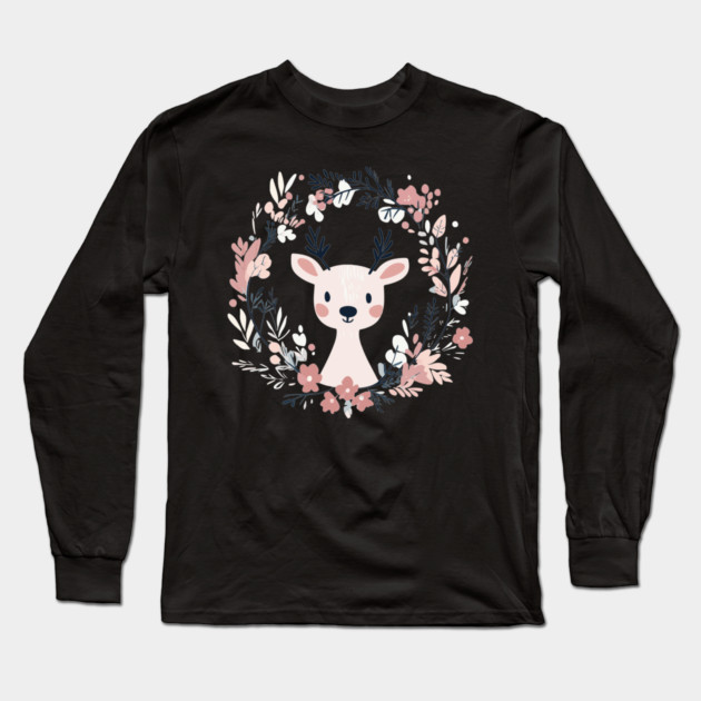 Boho Kawaii Reindeer – Whimsical Winter Animal Art Long Sleeve T-Shirt by TuncGK