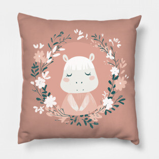 Boho Kawaii Hippo – Cute & Cozy Wildlife Illustration Pillow