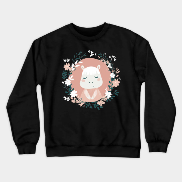 Boho Kawaii Hippo – Cute & Cozy Wildlife Illustration Crewneck Sweatshirt by TuncGK