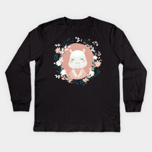 Boho Kawaii Hippo – Cute & Cozy Wildlife Illustration Kids Long Sleeve T-Shirt