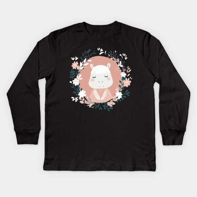 Boho Kawaii Hippo – Cute & Cozy Wildlife Illustration Kids Long Sleeve T-Shirt by TuncGK