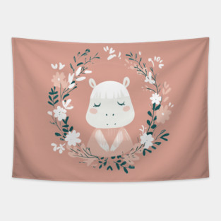 Boho Kawaii Hippo – Cute & Cozy Wildlife Illustration Tapestry