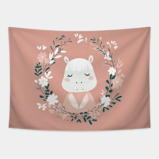 Boho Kawaii Hippo – Cute & Cozy Wildlife Illustration Tapestry by TuncGK