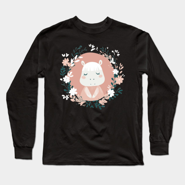 Boho Kawaii Hippo – Cute & Cozy Wildlife Illustration Long Sleeve T-Shirt by TuncGK