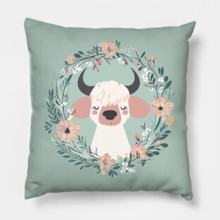 Boho Kawaii Cow – Cute Farm Animal in Floral Wreath Pillow