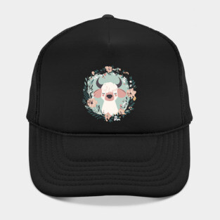 Boho Kawaii Cow – Cute Farm Animal in Floral Wreath Hat