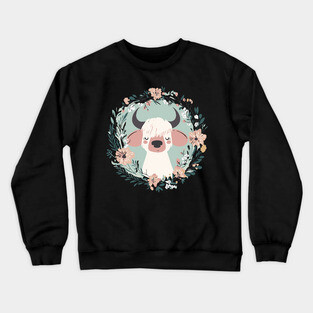 Boho Kawaii Cow – Cute Farm Animal in Floral Wreath Crewneck Sweatshirt