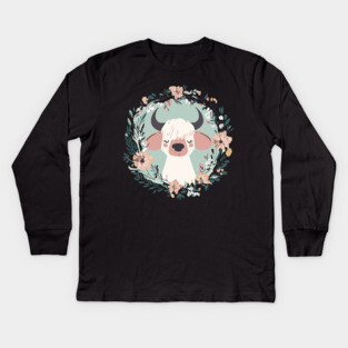Boho Kawaii Cow – Cute Farm Animal in Floral Wreath Kids Long Sleeve T-Shirt
