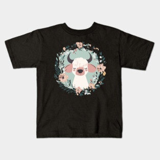 Boho Kawaii Cow – Cute Farm Animal in Floral Wreath Kids T-Shirt