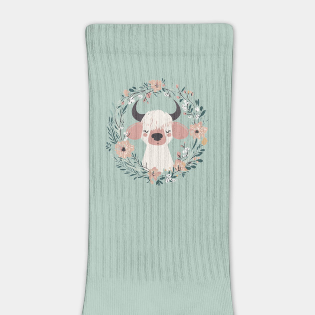 Boho Kawaii Cow – Cute Farm Animal in Floral Wreath by TuncGK