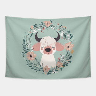 Boho Kawaii Cow – Cute Farm Animal in Floral Wreath Tapestry