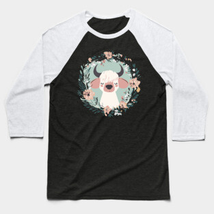 Boho Kawaii Cow – Cute Farm Animal in Floral Wreath Baseball T-Shirt