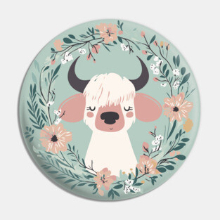 Boho Kawaii Cow – Cute Farm Animal in Floral Wreath Pin
