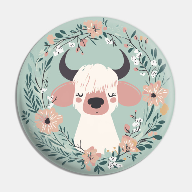 Boho Kawaii Cow – Cute Farm Animal in Floral Wreath Pin by TuncGK