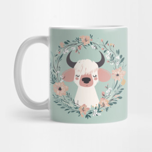 Boho Kawaii Cow – Cute Farm Animal in Floral Wreath Mug