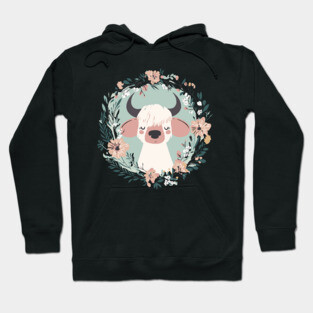 Boho Kawaii Cow – Cute Farm Animal in Floral Wreath Hoodie
