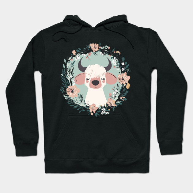 Boho Kawaii Cow – Cute Farm Animal in Floral Wreath Hoodie by TuncGK