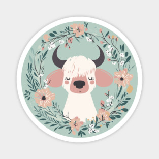 Boho Kawaii Cow – Cute Farm Animal in Floral Wreath Magnet