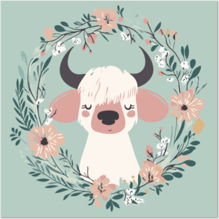Boho Kawaii Cow – Cute Farm Animal in Floral Wreath Posters and Art
