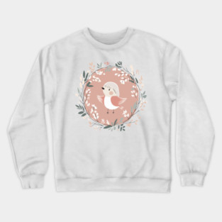 Boho Kawaii Robin – Adorable Bird in a Floral Wreath Crewneck Sweatshirt