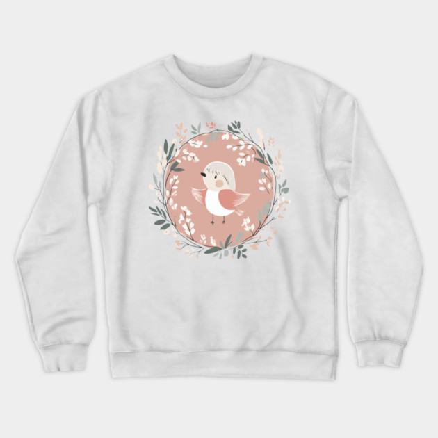 Boho Kawaii Robin – Adorable Bird in a Floral Wreath Crewneck Sweatshirt by TuncGK