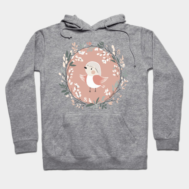 Boho Kawaii Robin – Adorable Bird in a Floral Wreath Hoodie by TuncGK