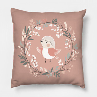 Boho Kawaii Robin – Adorable Bird in a Floral Wreath Pillow