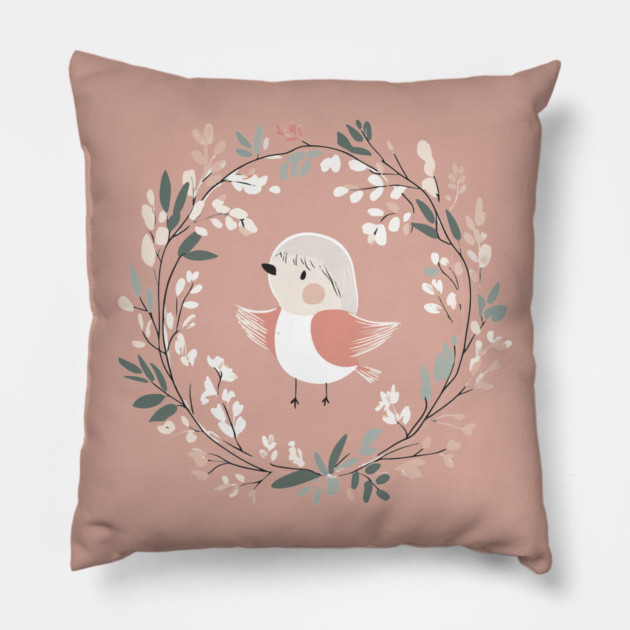 Boho Kawaii Robin – Adorable Bird in a Floral Wreath Pillow by TuncGK
