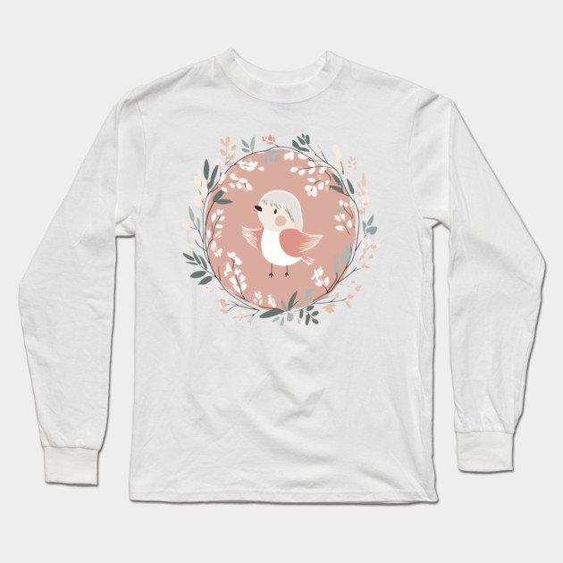 Boho Kawaii Robin – Adorable Bird in a Floral Wreath Long Sleeve T-Shirt by TuncGK